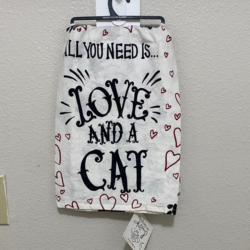 Love and a Cat Cream Kitchen Tea Towel by Primitives